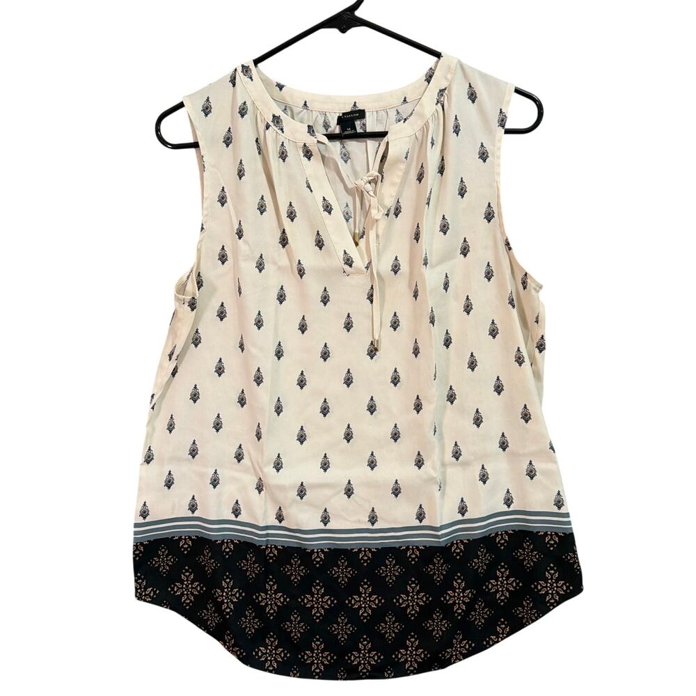 Ann Taylor Womens Blouse Ivory Multicolor V Neck Front Tie Sleeveless Medium